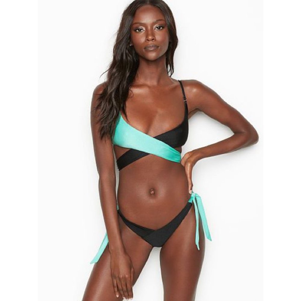 Fae Swim Wrap Bikini Top Peppermint Black NWT S